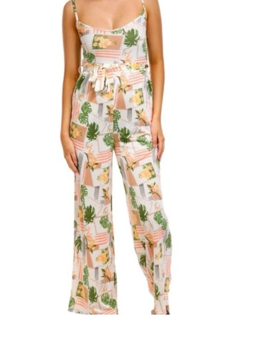 Derek Heart Peach & Green Tropical-Print Wide Leg Jumpsuit